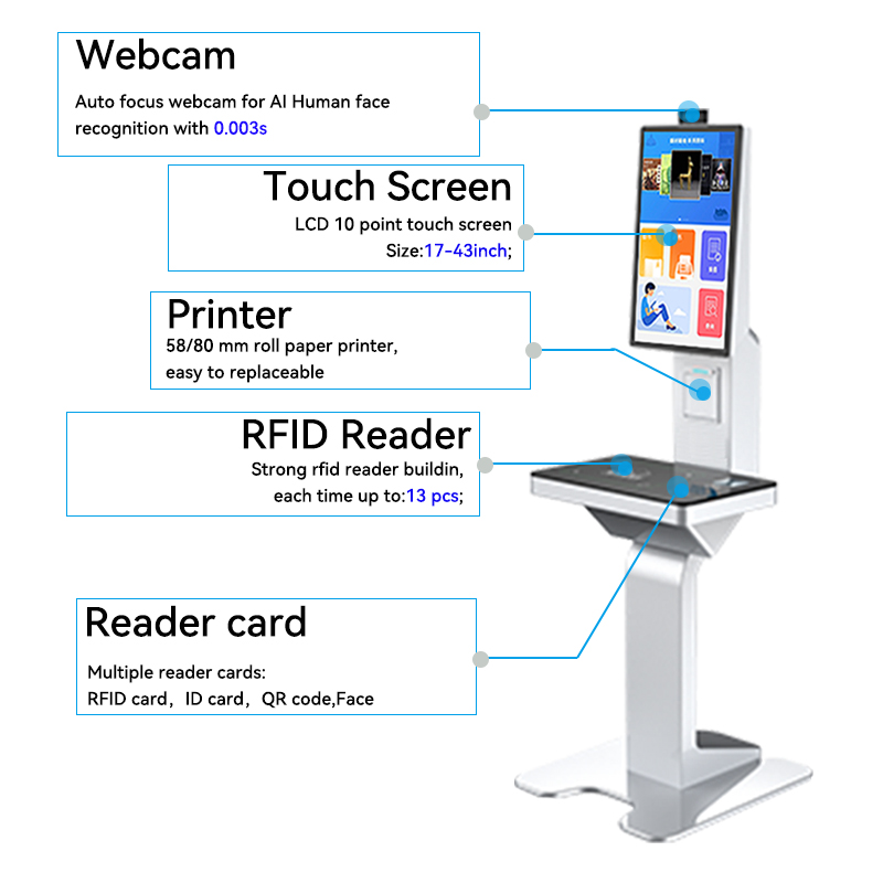 Self-service Reception Kiosks Hospital Registration School Library Self Check Kiosk with Passport Scanner Printer Payment 3